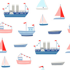 Ship seamless pattern. Vector background with nautical elements. Ships and boats pattern. Sea theme digital paper