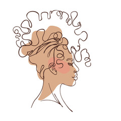 Abstract portrait of young African American woman. Continuous one line drawing isolated on white. Vector illustration in simple modern style.
