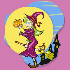 witch ride broom hold pumpkin jack o lantern vector for halloween content.