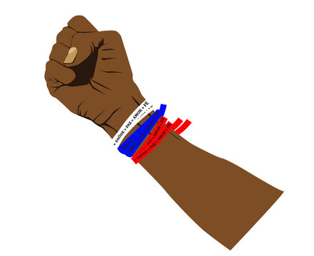 M&atilde;o negra fechada em Punho com fitas de cor branca, azul e vermelhas amarradas ao redor do punho com os dizeres Sa&uacute;de/ Paz/ Amor/ f&eacute;