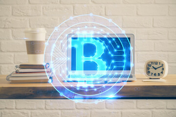 Multi exposure of blockchain theme hologram and table with computer background. Concept of bitcoin...