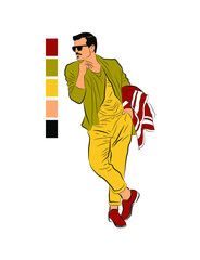 Vector color illustration of a standing expectant person. Fashionable man in a suit and glasses.