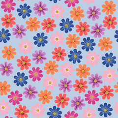 Seamless repeat pattern with colorful flowers on blue pastel background. Hand drawn fabric, gift wrap, wall art design
