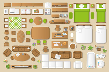 Furniture top view. Icons set of interior. Furniture and elements for living room, bedroom, kitchen, bathroom, office. (view from above)