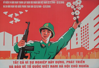 Affiche de propagande vietnamienne : "74 ans de la fondation de l'ramée populaire vietnamienne"