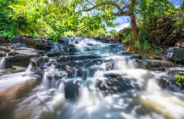 Stream in the rainforest with soft flowing water like wool flowing through the cliff creates a peaceful landscape to relax soul and music