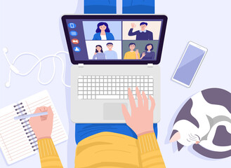 Work from home concept. Top view of young man sitting on floor and using laptop for Video Conferencing at home. Vector