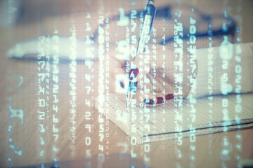 Multi exposure of woman's writing hand on background with data technology hud. Big data concept.