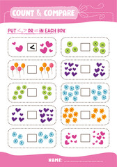 Math sheet for primary school / Kindergarten sheet and exercise / Math  practice lesson /Homeschooling sheet/ Count and compare/ Greater and less than or equal - obrazy, fototapety, plakaty