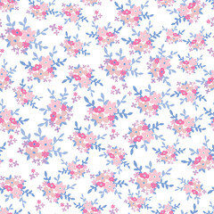 Beautiful seamless pink and blue floral pattern of Scandinavian bouquet on white background. 