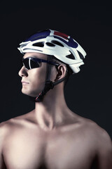 Man in cycling helmet and sunglasses