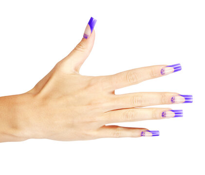 Hand with blue french acrylic nails manicure and painting