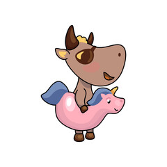 Cute ox in unicorn floating ring. 2021 Year Lunar Zodiac Animal. Chinese New Year of Ox. Cow vector illustration on white background. Friendly bull mascot. Domestic farm animal on summer swimming pool