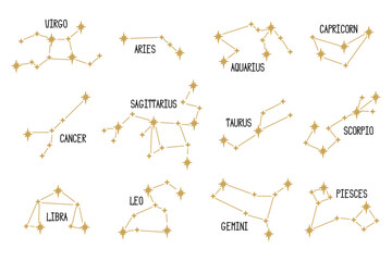Different zodiac constellations set. Modern sky map with stars and golden zodiacal symbols vector illustration collection. Astrology and horoscope signs concept