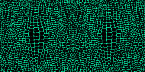 Realistic seamless pattern with crocodile or alligator print. Green leather skin imitation wallpaper. Animalistic vector background.	 - obrazy, fototapety, plakaty