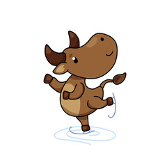 Cute ox cartoon character skating. Cow vector illustration on white background. Friendly bull mascot. 2021 Year Lunar Zodiac Animal. Chinese New Year of Ox. Farm animal doing winter sport. Cow icon © Elya.Q