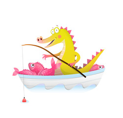 Baby Crocodile or alligator in boat fishing with fishing rod. Fisherman dragon happily smiling with big catch of fish in boat. Cute watercolor style vector animals cartoon for children.