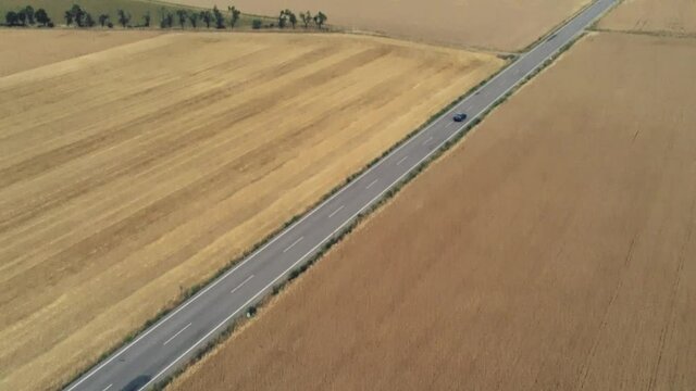 Aerial view in yelllow fields of Spain. Drone Footage