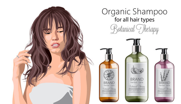 Tender woman with bangs advertising organic shampoo with herbal care. Various plants and colors. Mint, orange and lavender
