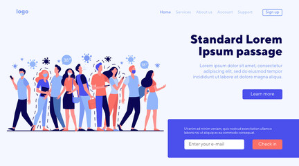 Infection spreading in crowd. People with and without masks standing together, coughing, suffering from fever. Vector illustration for coronavirus, quarantine, danger, alert, outbreak concept