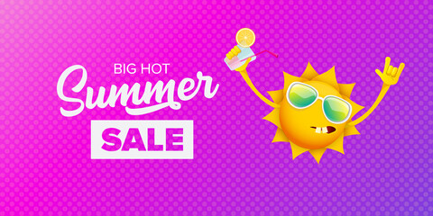 summer sale horizontal web banner or vector label with summer happy sun character wearing sunglasses and holding cocktail isolated on violet horizontal background