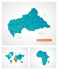 Fototapeta premium Editable template of map of Central African Republic with marks. Central African Republic on world map and on Africa map.