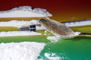 Flour that looks like cocaine with a spoon and syringe