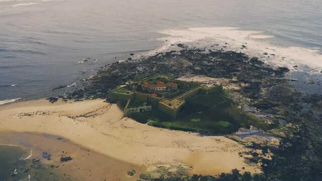 Aerial View of Insua Fort and Moledo Beach in Portugal. Drone Footage