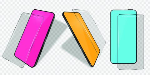 Device mockups. 3D Model phone. Realistic smartphone on transparent background. Phone from different sides with transparent protective glass or film for the screen
