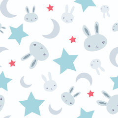Boys seamless pattern design with grey bunnies, cute rabbits, stars and moon on white background. Perfect for fabric, textile, kids fashion. Surface pattern design.