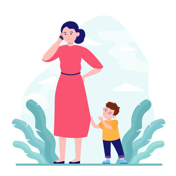 Mom Talking On Phone While Walk With Son Outdoors. Upset Boy Attracting Mothers Attention Flat Vector Illustration. Motherhood Problem Concept For Banner, Website Design Or Landing Web Page
