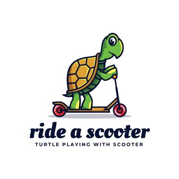 Vector Logo Illustration Ride A Scooter Simple Mascot Style.