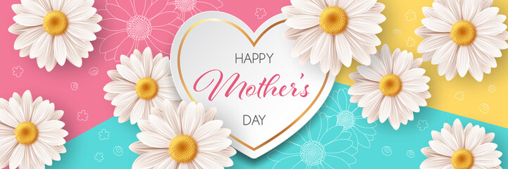 Happy Mothers day background with daisy flowers. Greeting card, invitation or sale banner template