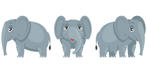 Baby elephant in different poses. African animal in cartoon style.