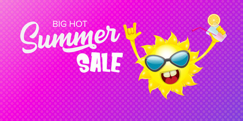 summer sale horizontal web banner or vector label with summer happy sun character wearing sunglasses and holding cocktail isolated on violet horizontal background