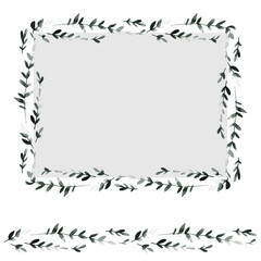 Botanical wreath. Flowers, leaves and branches in square frame. Vintage design for logo, wedding invitations, postcards, stickers and textile. White isolated background. Paper texture. Watercolor.