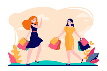 Female friends enjoying shopping together. Happy women carrying shopping bags flat vector illustration. Sale, discount, friendship concept for banner, website design or landing web page