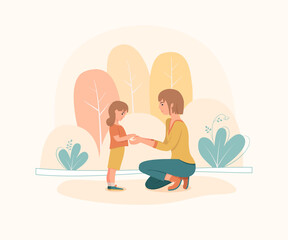 Obraz na płótnie Canvas Woman is standing on her knees in front of little girl in park. Mother shows love and care to her daughter. Cute vector illustration.