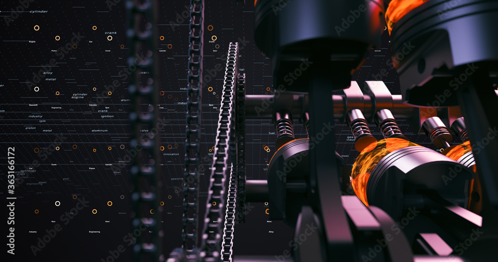 Aufkleber Close Up V8 Engine With Working Pistons And Crankshafts. Digital Background. Ignition And Explosions. Technology And Industry Related 3D Rendering