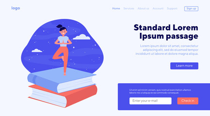 Happy student girl doing yoga. Stack of books, night sky, tree pose flat vector illustration. Meditation, relaxation, balance concept for banner, website design or landing web page