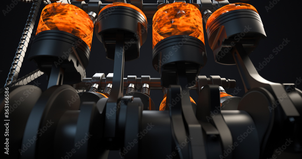 Poster Close Up V8 Engine With Ignitions And Explosions. Technology And Industry Related 3D Rendering
