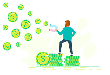 A man makes money, coins, attracts money with a magnet. Concept of income, savings and investment