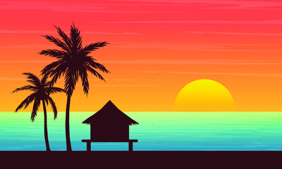 Sunset on the Tropical Beach Vector Graphic 