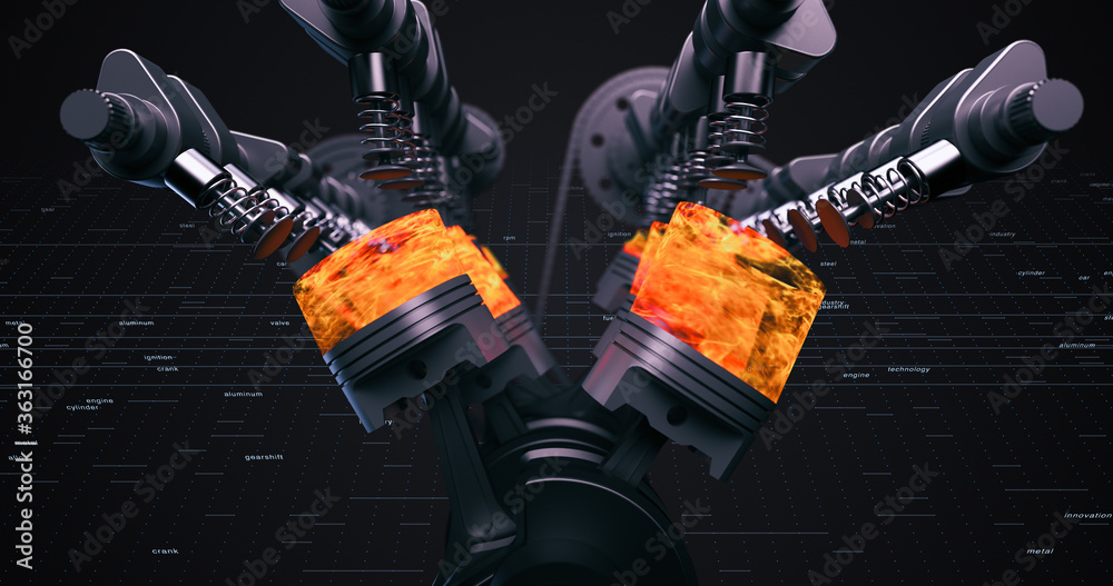 Poster V8 Engine Motor With Working Pistons And Crankshaft. Ignition And Explosions. Technology And Industry Related 3D Rendering