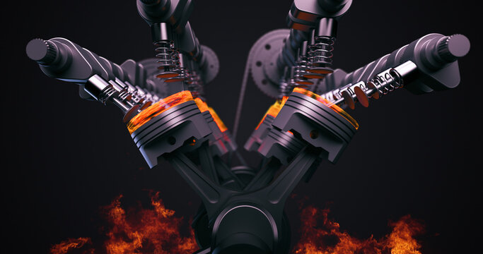 Powerful V8 Engine With Moving Pistons And Crankshaft With Flames. Pistons And Other Mechanical Parts Are In Motion. Ignition And Explosions. Technology And Industry Related 3D Rendering