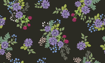 Obraz premium Seamless folk pattern in small wild flowers. Country style millefleurs. Floral meadow background for textile, wallpaper, pattern fills, covers, surface, print, gift wrap, scrapbooking, decoupage.