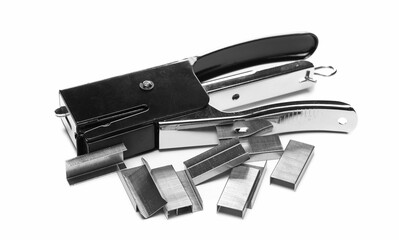 Stapler tool with staples for office work isolated on white background