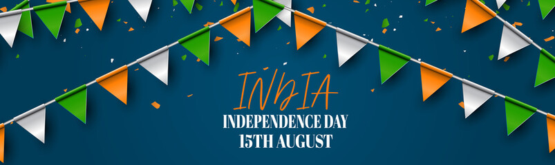India Independence Day. Indian national August 15th holiday celebration banner with orange, white, and green bunting flags. Vector illustration.
