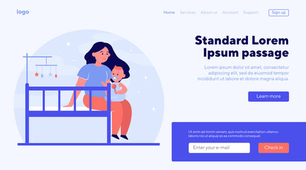 New mom holding and soothing baby. Crib, toddler, playing with child flat vector illustration. Childhood, childcare, parenthood concept for banner, website design or landing web page