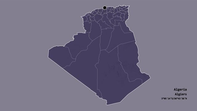 Blida, province of Algeria, with its capital, localized, outlined and zoomed with informative overlays on a administrative map in the Stereographic projection. Animation 3D